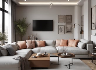 An interior scene featuring a variety of artistic and design elements. A large woven tapestry with fringes is mounted on a textured wall. Below it, a minimalist concrete console table with arched compartments holds several cylindrical and rectangular decorative objects. The ambient lighting is warm, contributing to a cozy atmosphere.