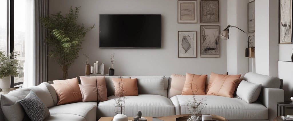 An interior scene featuring a variety of artistic and design elements. A large woven tapestry with fringes is mounted on a textured wall. Below it, a minimalist concrete console table with arched compartments holds several cylindrical and rectangular decorative objects. The ambient lighting is warm, contributing to a cozy atmosphere.